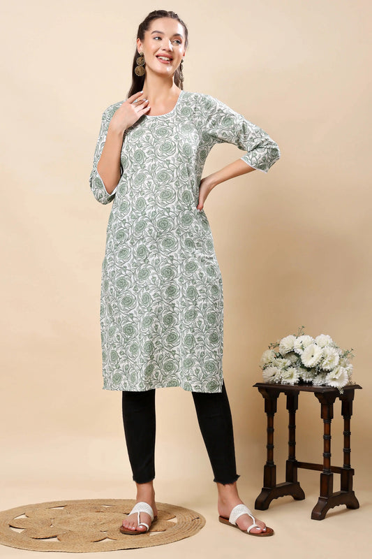 Rabric Premium Cotton Green Floral Printed Long Kurti for Women