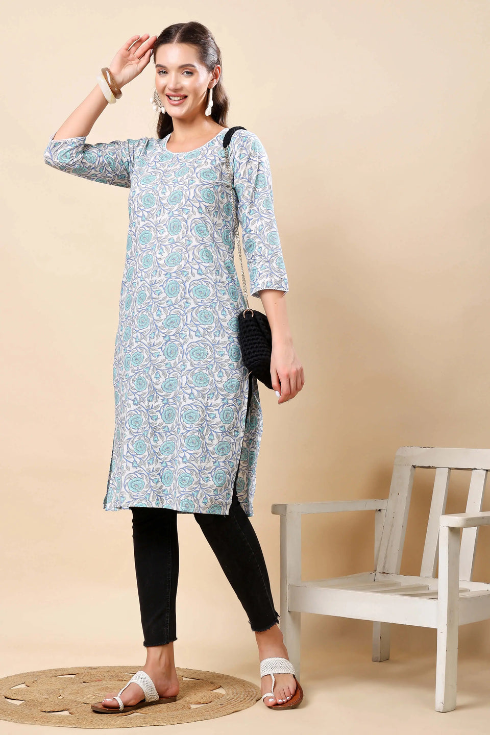 Model Styling Rabric Premium Blue Floral Cotton Kurti