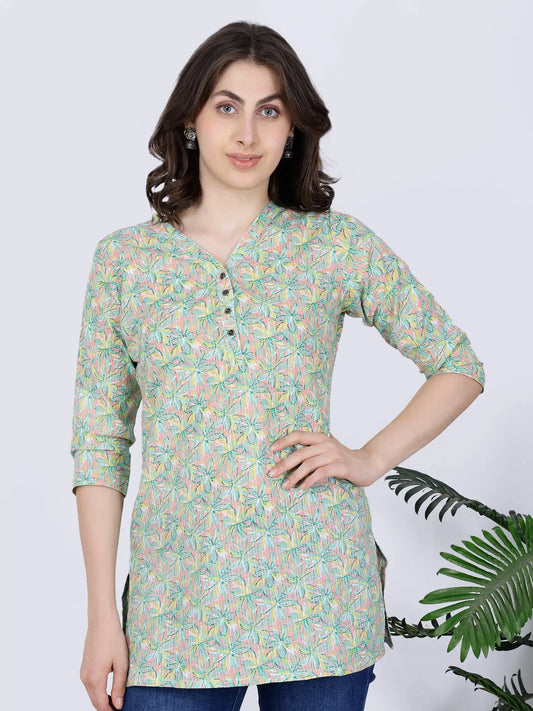 Front view of Rabric Premium Pastel Green & Peach Printed Cotton Short Kurti