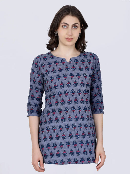 Rabric Premium Cotton Short Top for Women in Grey Floral Print