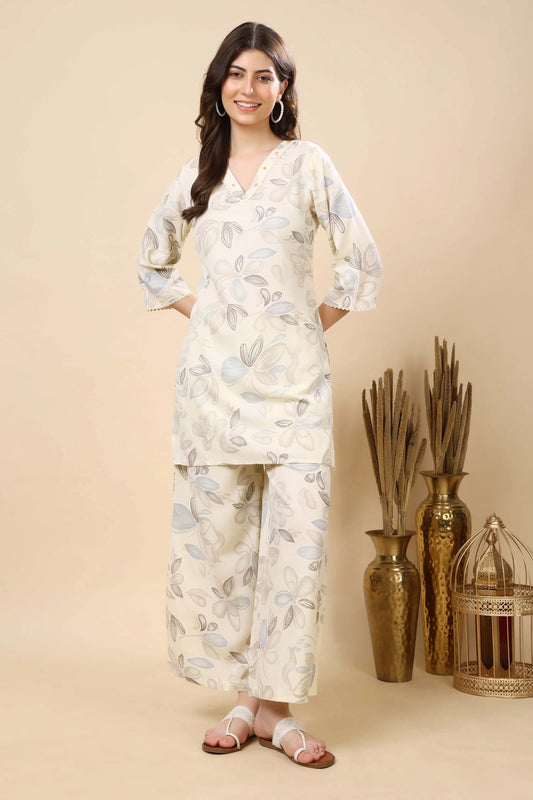 Rabric Premium Cotton Slub Co-ord Set Front View – Cream & Blue Floral