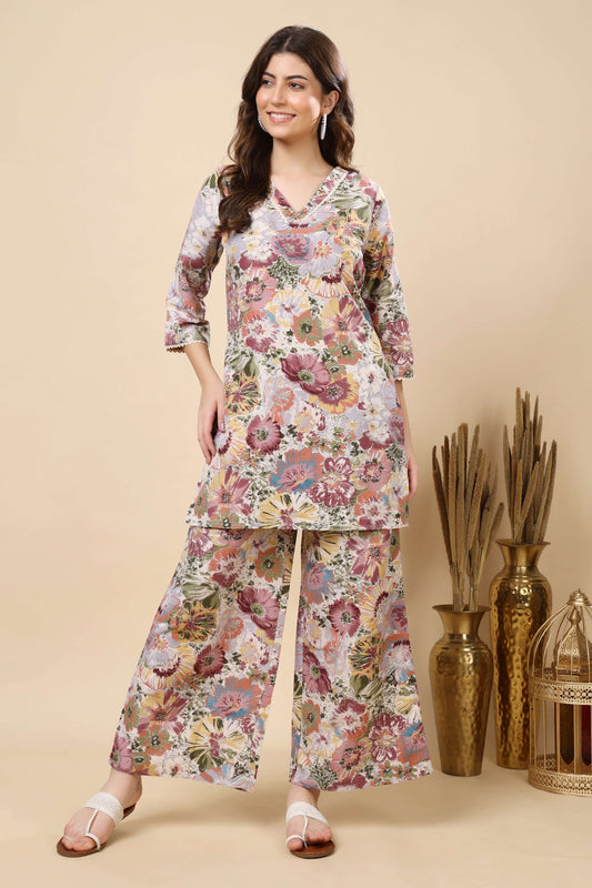 Woman wearing Rabric premium cotton slub floral co-ord set front view