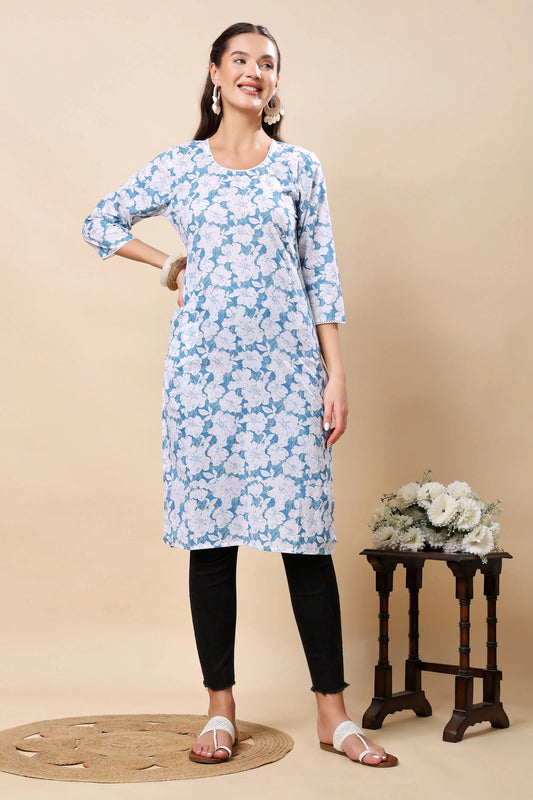 Rabric Premium Blue & White Floral Printed Cotton Long Kurti for Women – Front View