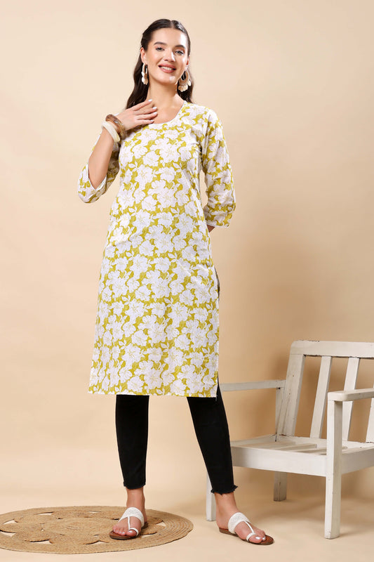 Rabric Premium Floral Print Yellow Cotton Long Kurti for Women – Front View