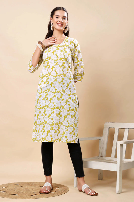 Rabric Premium Floral Print Yellow Cotton Long Kurti for Women – Front View