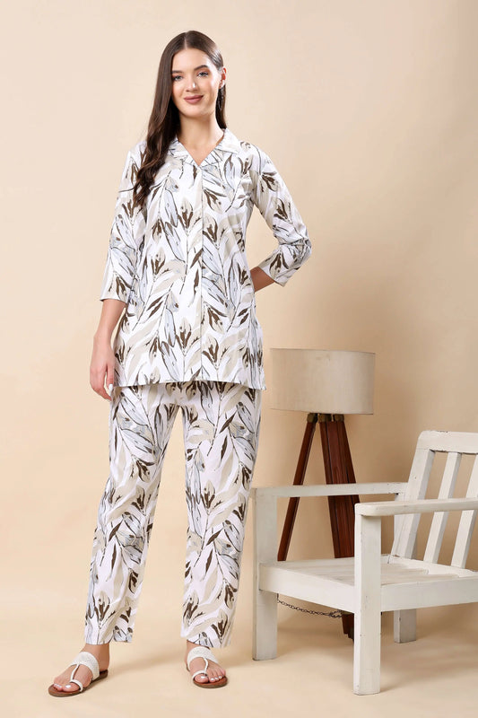 Rabric Premium Light Yellow Leaf Print Cotton Co-ord Set for Women