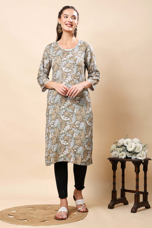 Rabric Premium Beige Cotton Long Kurti with Floral Print – Front View