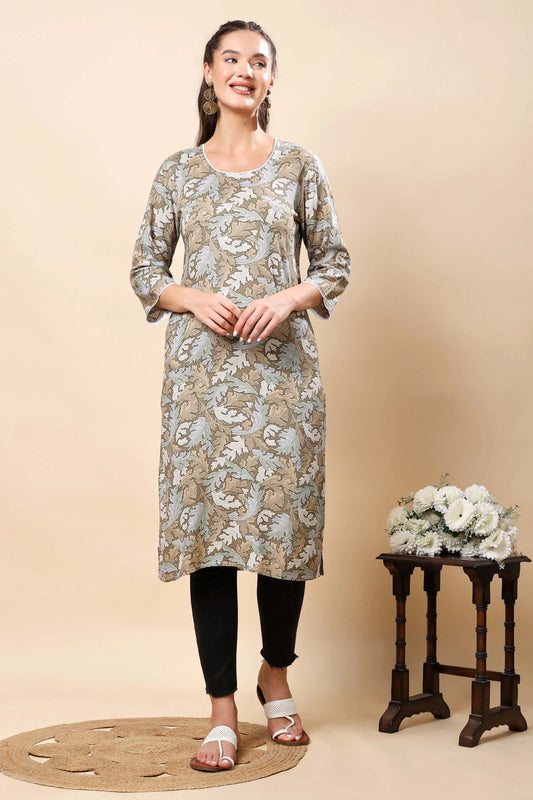 Rabric Premium Beige Cotton Long Kurti with Floral Print – Front View