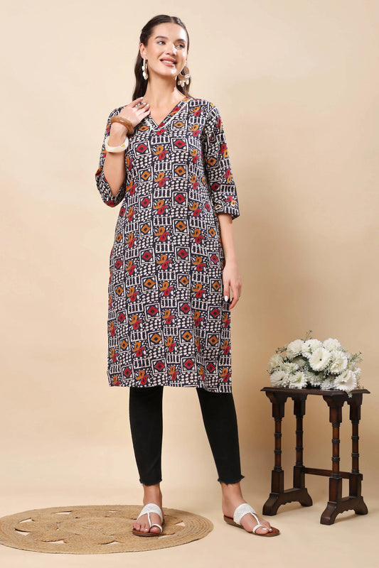 Rabric premium cotton printed long kurti for women in black and multicolor with V-neck lace detailing