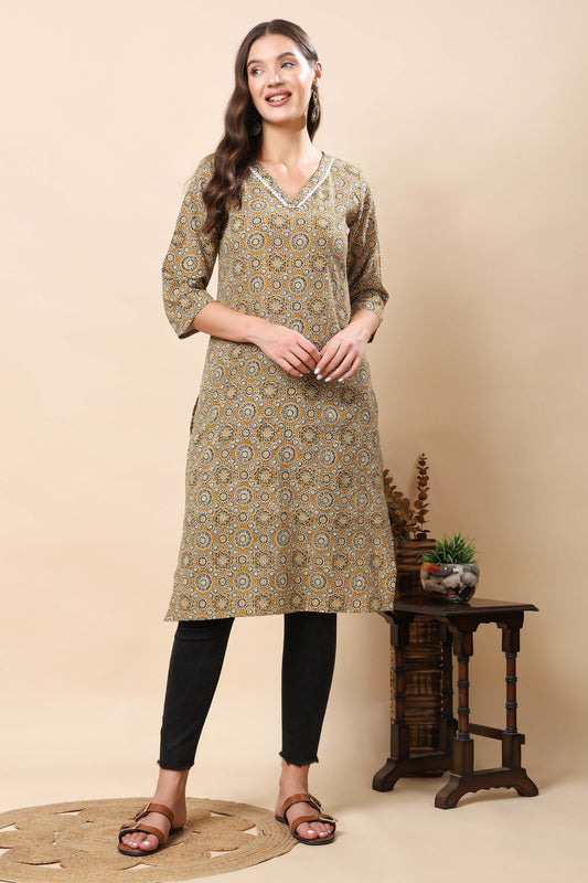 Rabric premium long kurti in mustard yellow front view