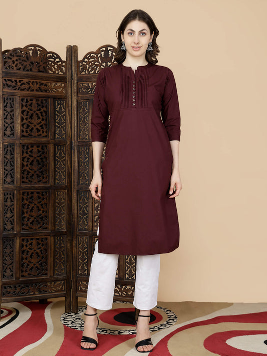 Rabric Women’s Premium Maroon Long Kurti Front View in Poplin Cotton