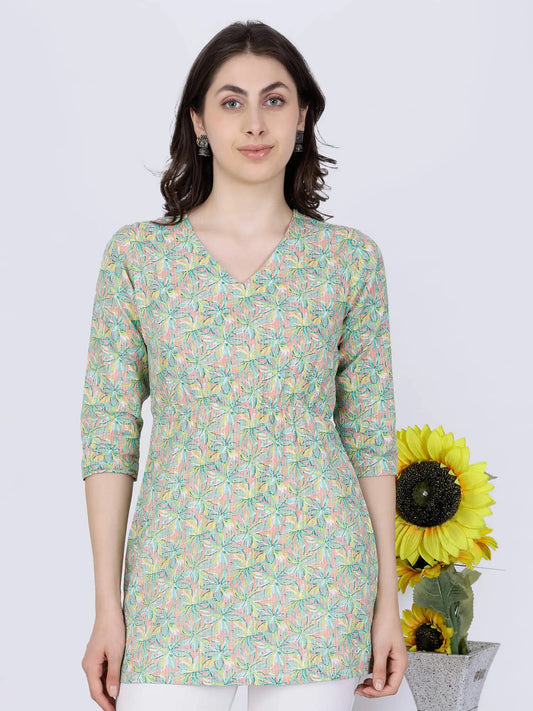Premium Mint Green & Peach Short Kurti Front View by Rabric