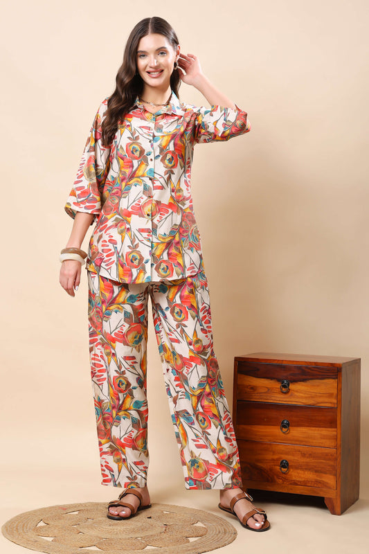 Rabric Premium Muslin Co-ord Set front view with floral abstract print
