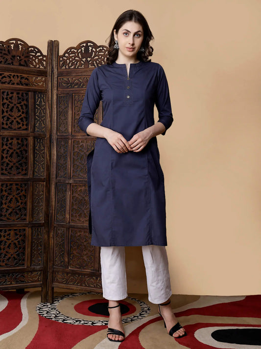 Rabric Premium Navy Blue Cotton Long Kurti for Women Front View