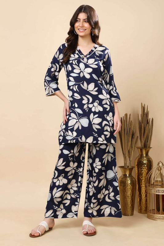 Rabric Premium Navy Blue Floral Cotton Slub Co-ord Set for Women – Front View