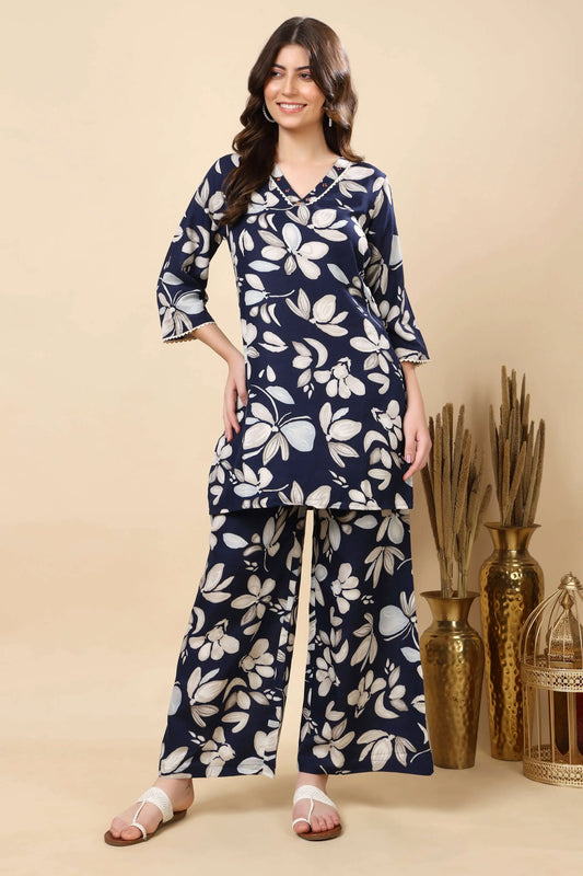 Rabric Premium Navy Blue Floral Cotton Slub Co-ord Set for Women – Front View