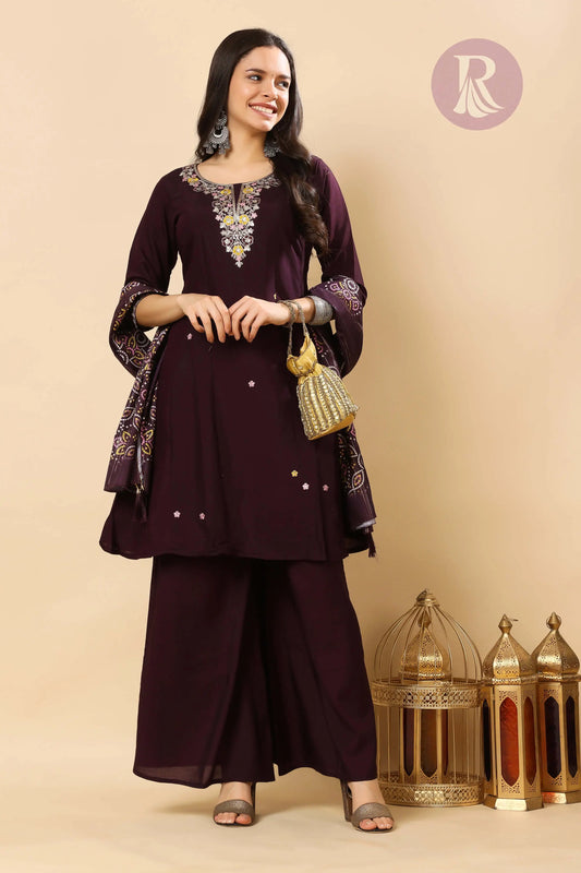 Premium Plum Purple Kurti Sharara Set with Dupatta by Rabric Stores