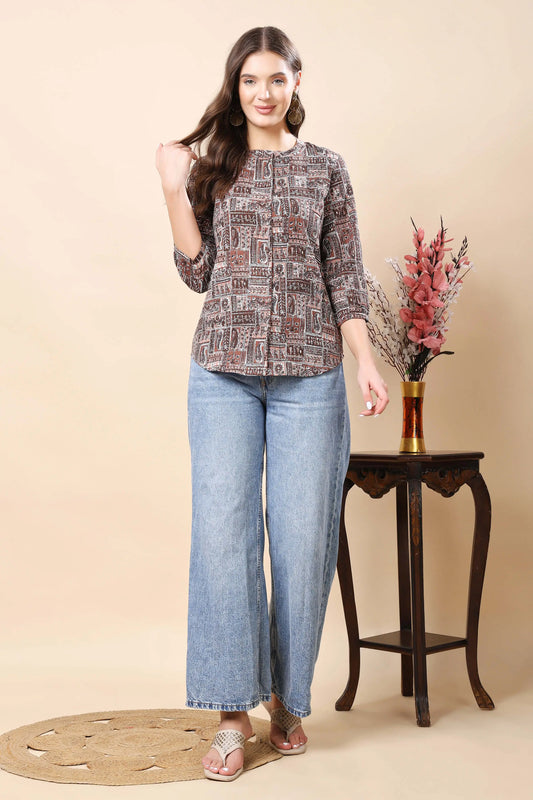 Rabric Women’s Premium Printed Short Shirt Top – Front View