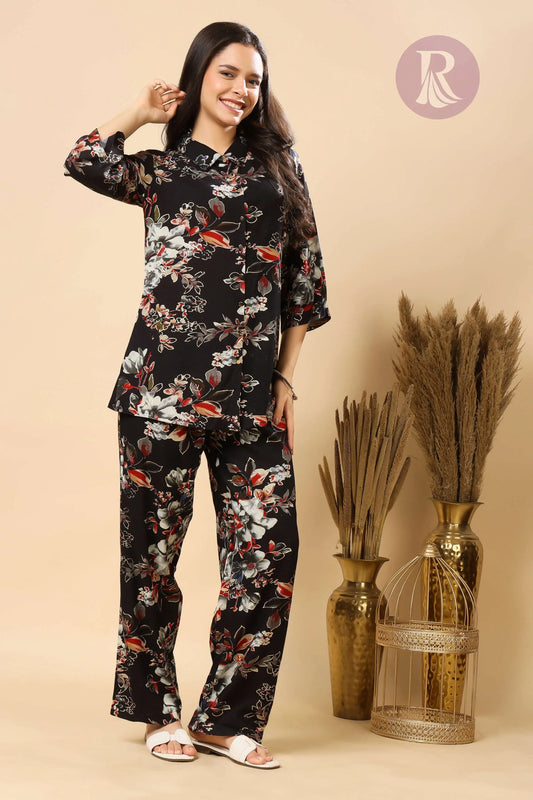 Rabric Premium Rayon Floral Black Co-ord Set for Women | Stylish Collar Top & Comfortable Pants with Pocket
