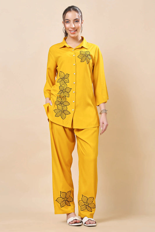 Front view of Rabric premium rayon mustard yellow co-ord set for women
