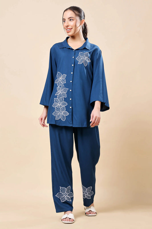 Front view of Rabric premium rayon navy blue floral co-ord set for women