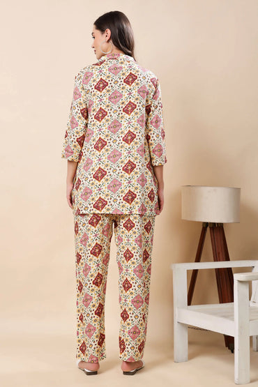 Premium rayon co-ord set for women with brass button shirt top