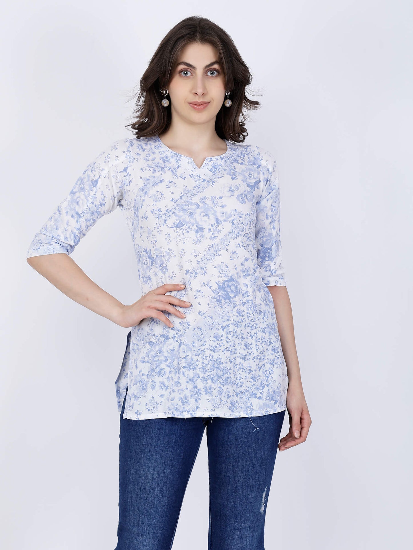 Woman wearing Rabric premium rayon floral printed short kurti top