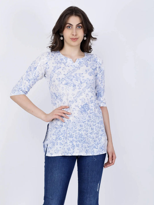 Woman wearing Rabric premium rayon floral printed short kurti top