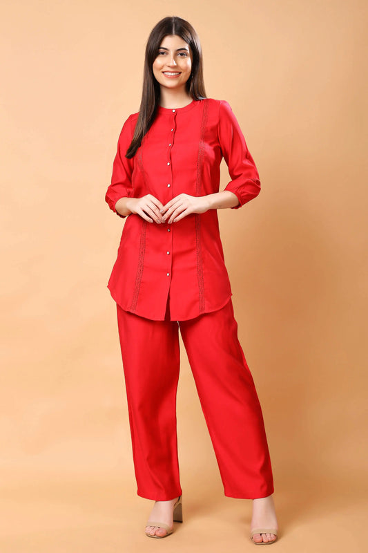 Premium red co-ord set for women by Rabric front view