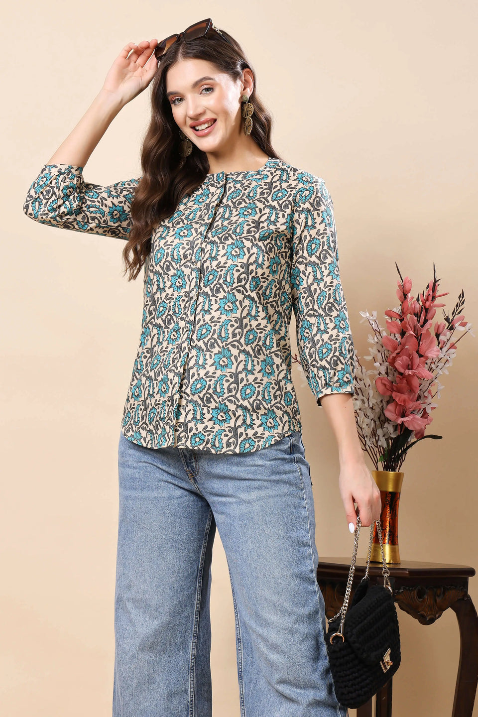 Rabric Floral Printed Short Top Styled with Jeans