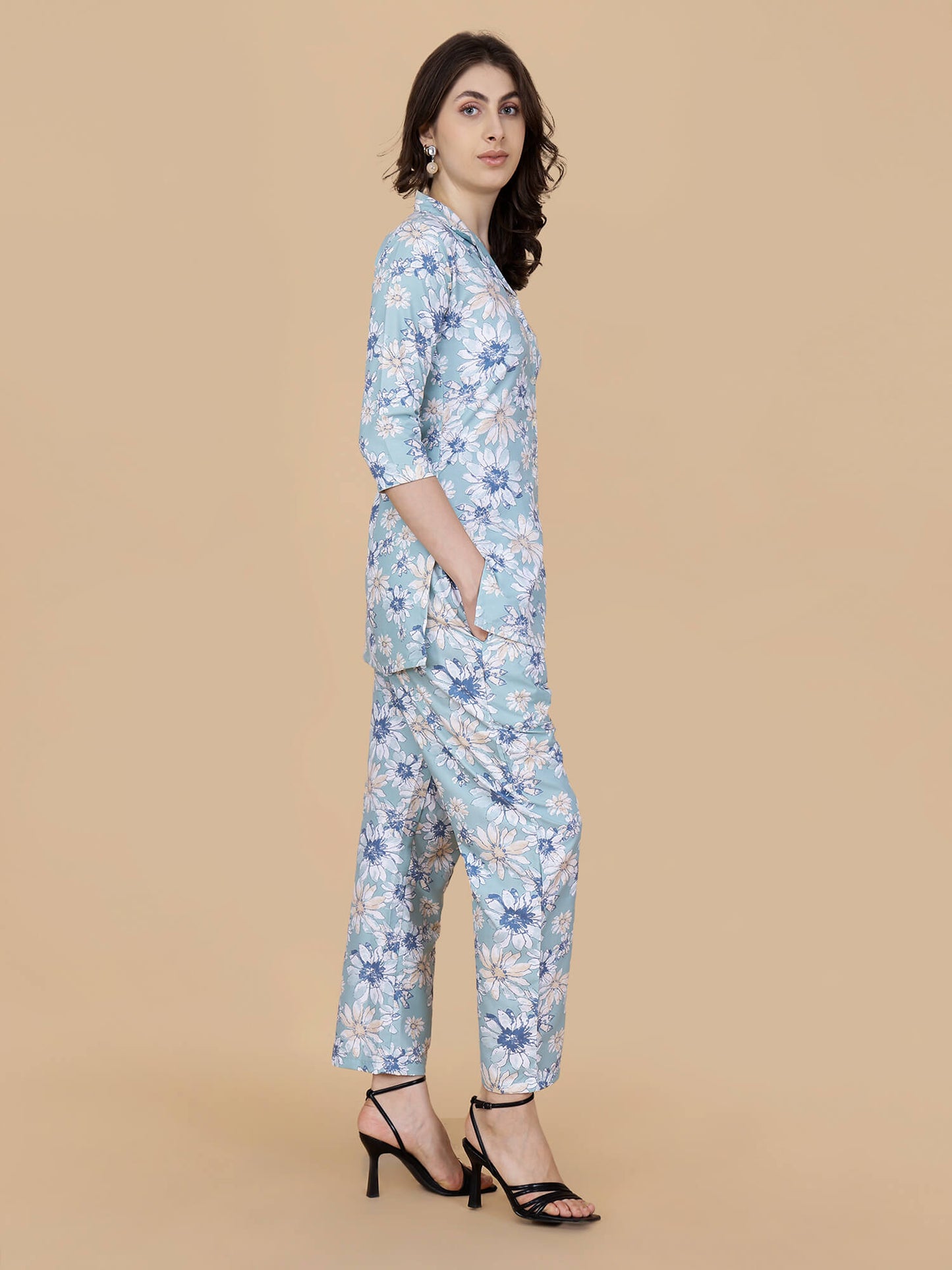 Premium Two-Piece Glace Cotton Set in Sky Blue Floral Print
