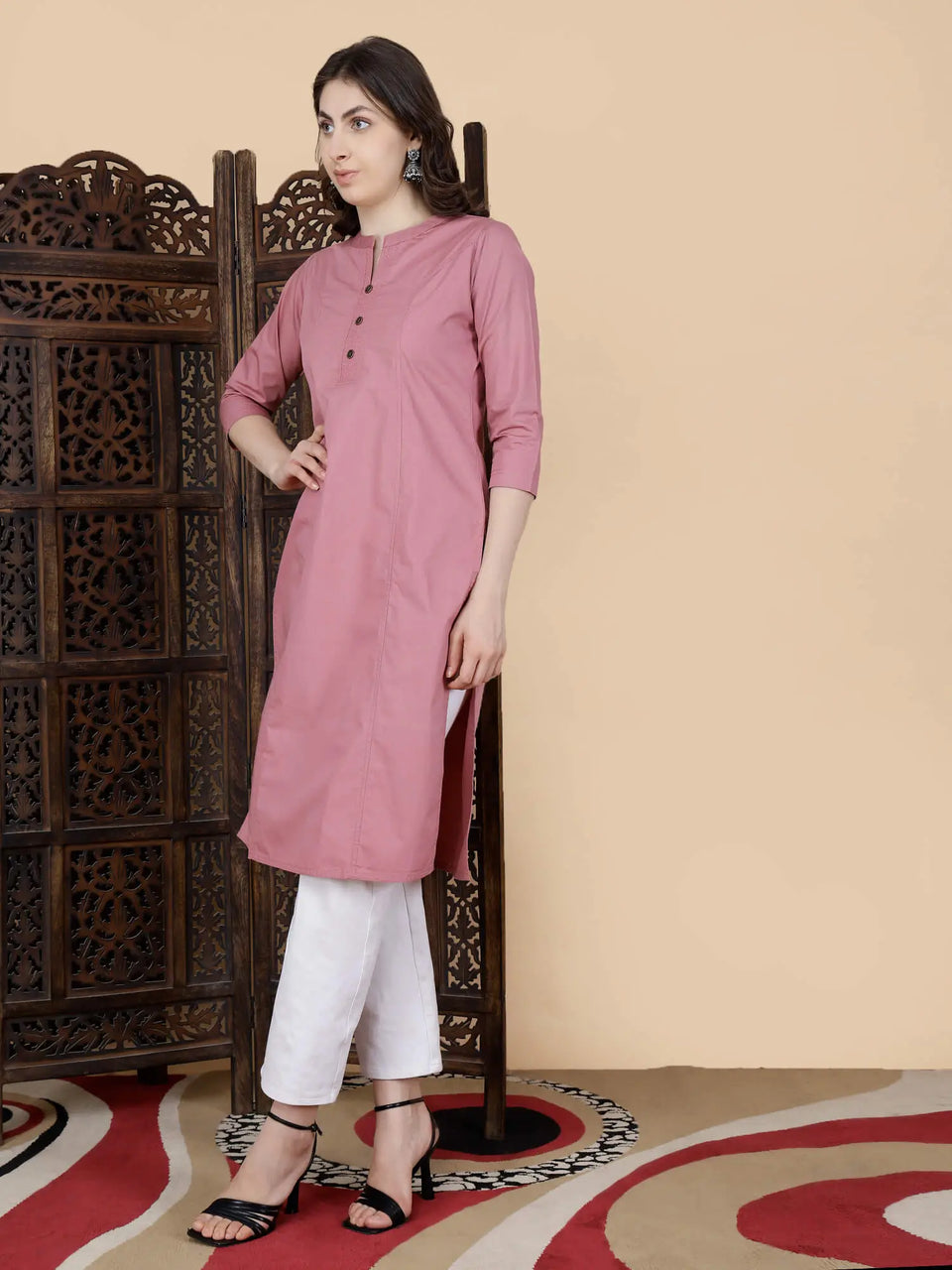 Elegant Long Cotton Kurti for Women by Rabric β Dusty Rose Pink Color