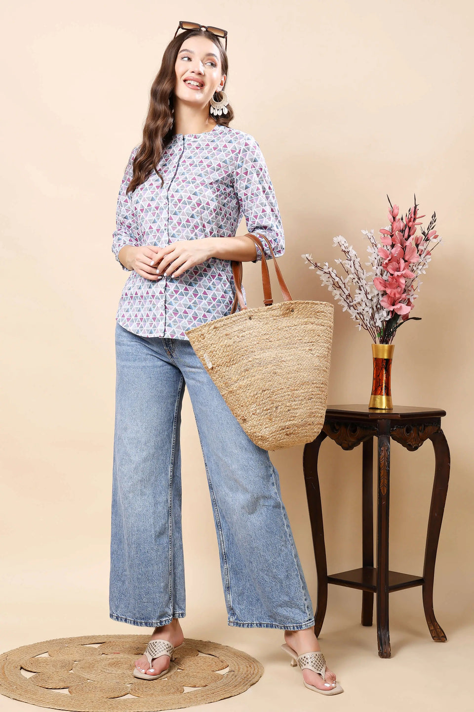 Trendy women’s geometric print cotton shirt top