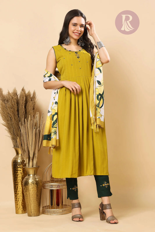 RABRIC mustard rayon slub kurti set with dupatta