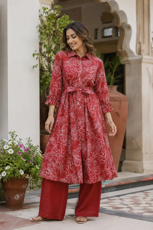 Rabric women red floral vertical silk co-ord set front view with long kurta and palazzo pants
