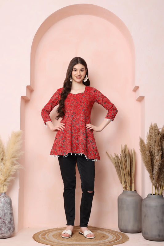 RABRIC red pure cotton floral short kurti for women front view with flared fit