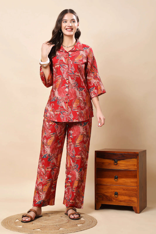 Woman wearing Rabric red Vertican silk co-ord set front view