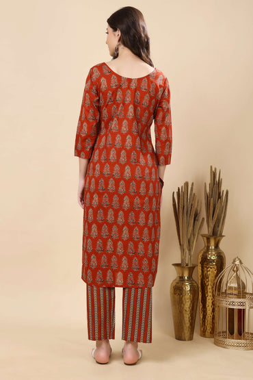 Rust Red Block Printed Cotton Kurti Set for Women