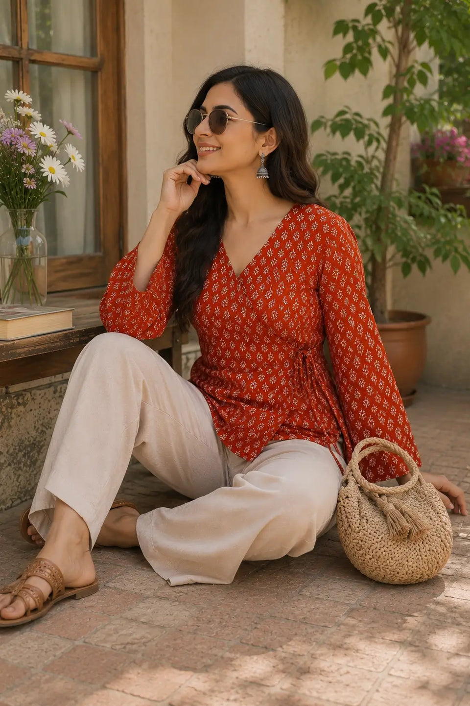 Rabric rust red cotton floral print cotton short top lifestyle image in casual sitting pose
