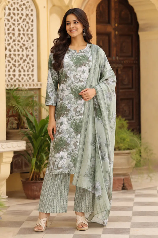 Rabric sage green cambric cotton floral kurta pant set with dupatta for women front view featuring 3-4 sleeves and long straight kurta