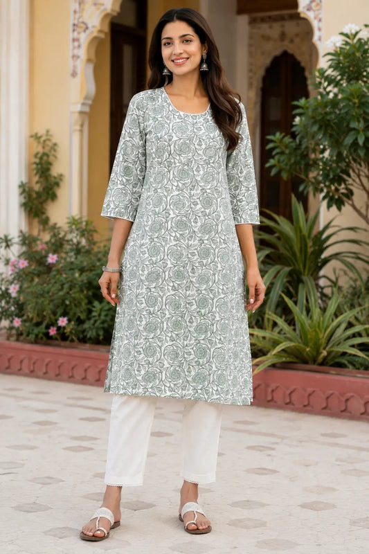 Rabric women sage green cotton floral block print kurti front view with 3-4 sleeves ethnic casual wear