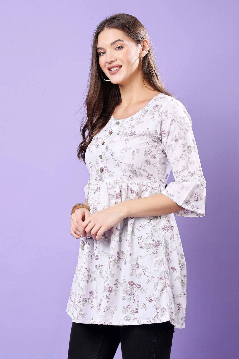 Model Wearing Rabric Floral Short Kurti for Women