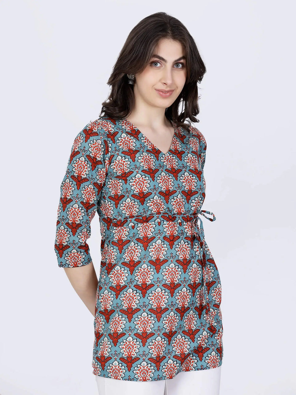 Casual styling look of Rabric Premium Red & Blue Cotton Short Kurti