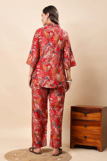 Back view of red silk abstract print co-ord set for women