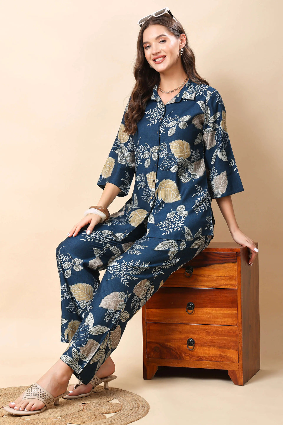 Golden button detailing on Rabric premium co-ord set top