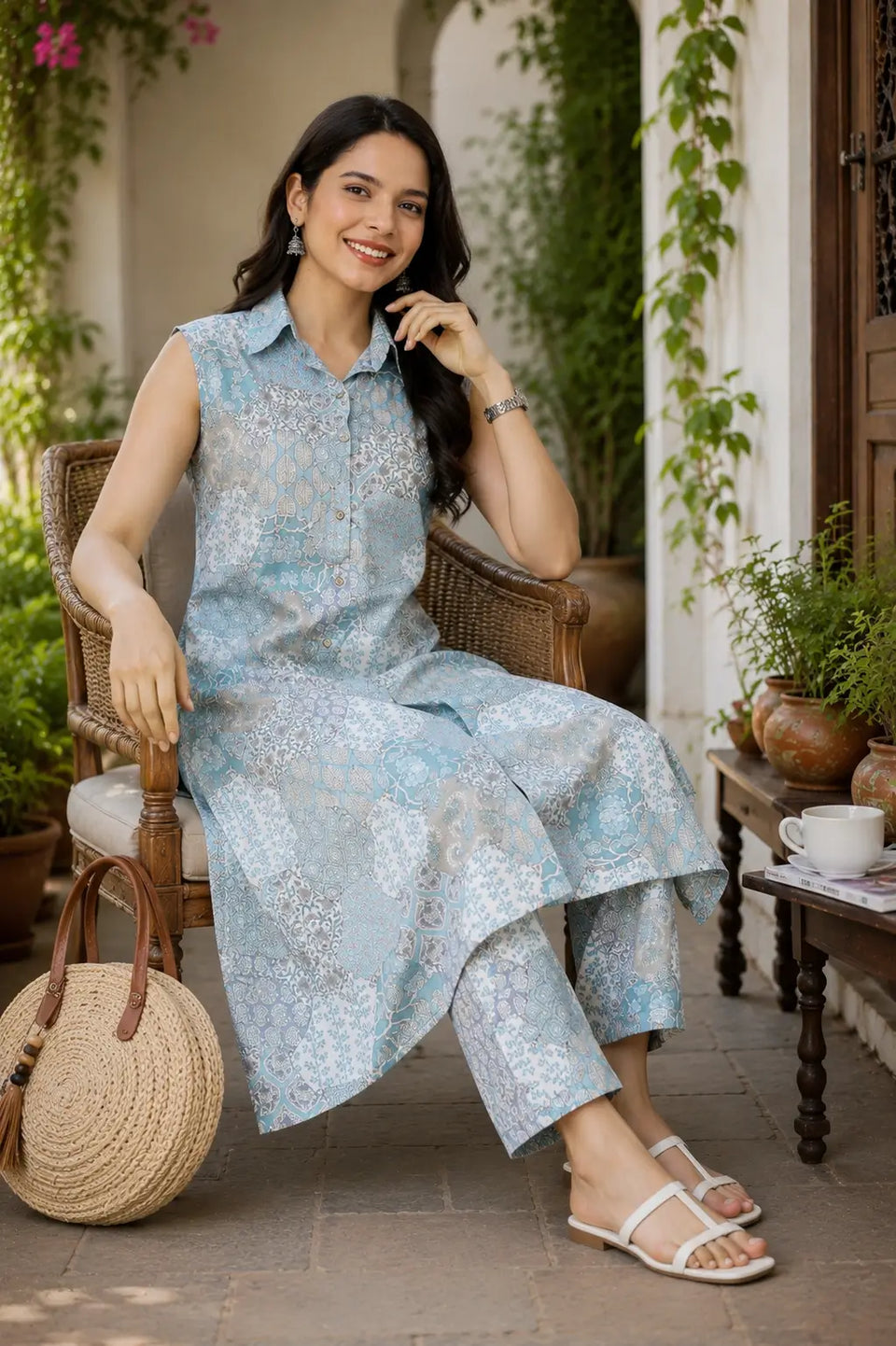 RABRIC sleeveless cotton kurta set for women in elegant pastel floral patchwork print