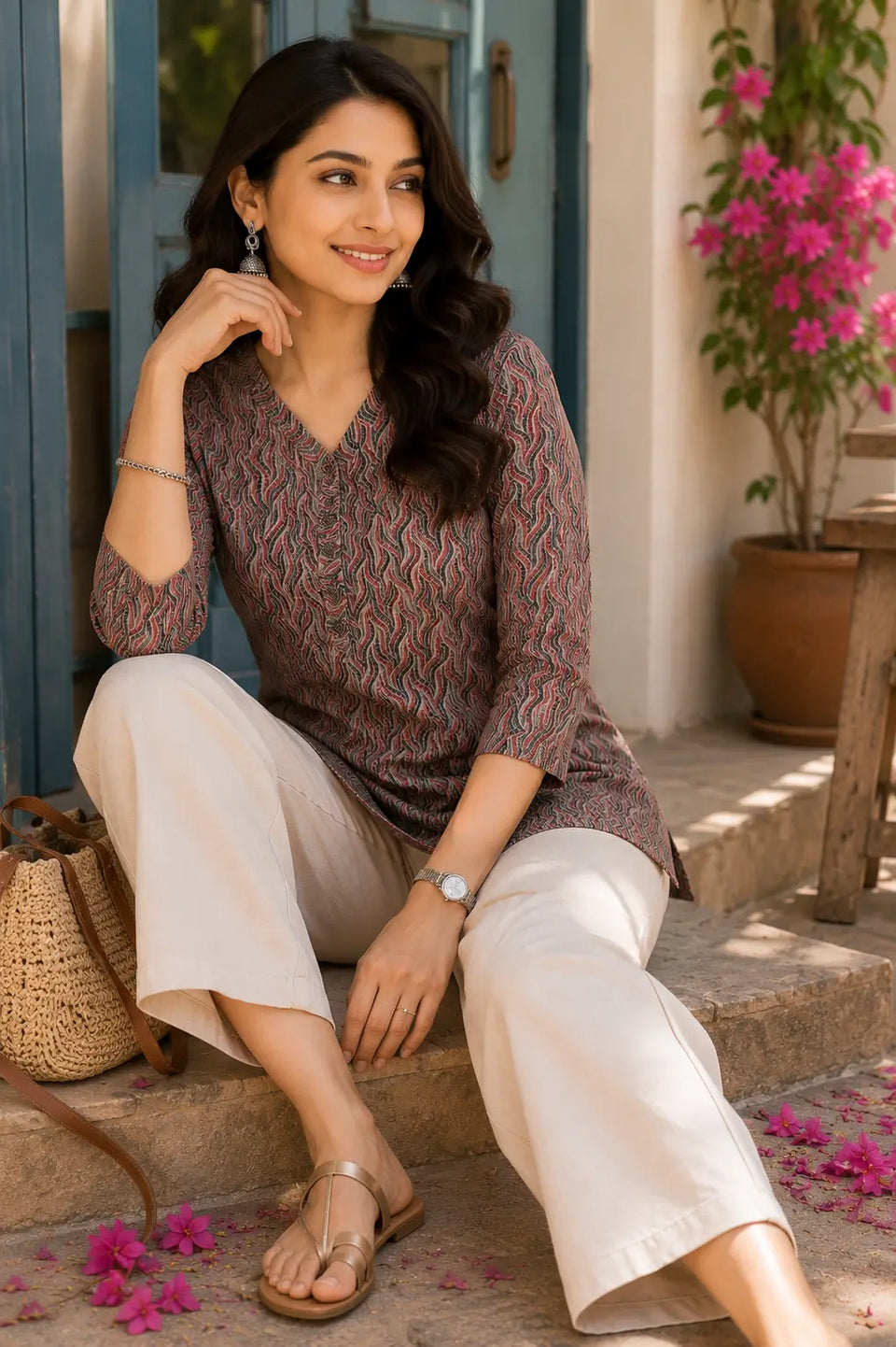 Rabric stylish multicolor cotton short top for women in casual sitting pose with trendy accessories and wide leg pants