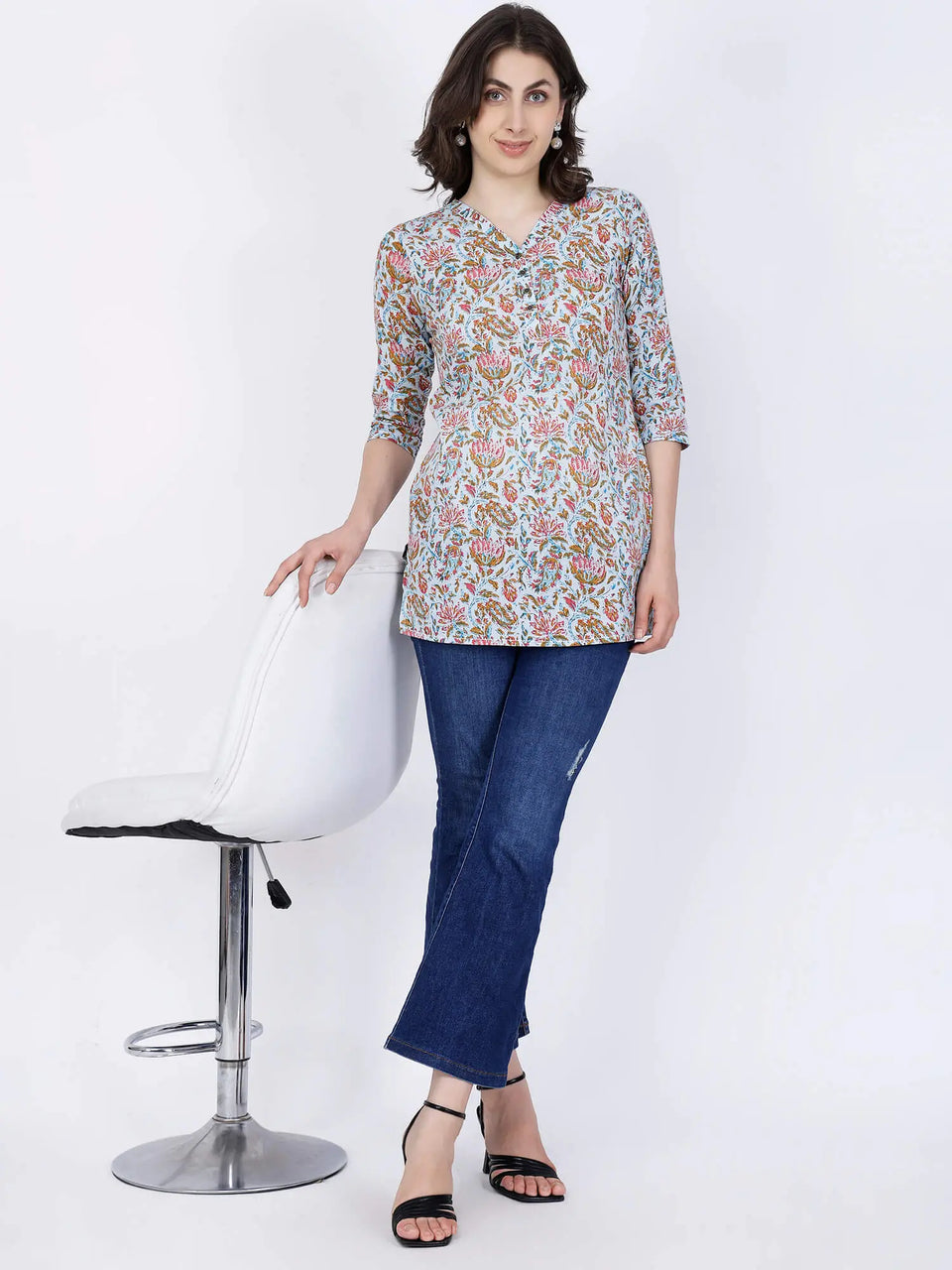 Stylish Floral Print Short Kurti Paired with Jeans