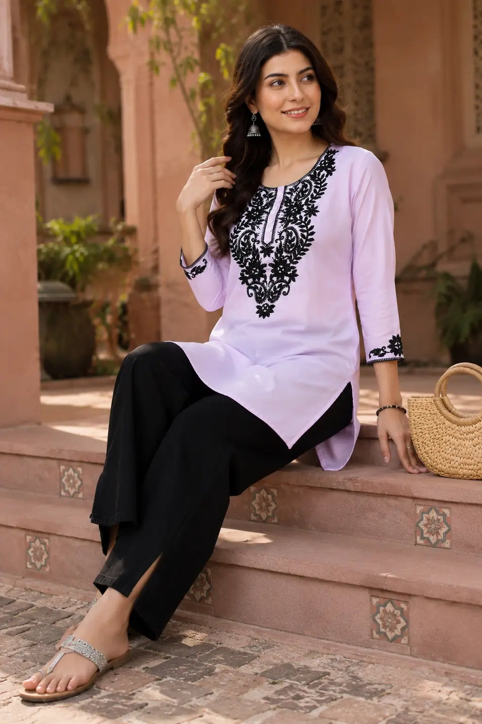 Stylish women cotton short kurti by Rabric shown in casual sitting pose with elegant accessories and embroidery detail