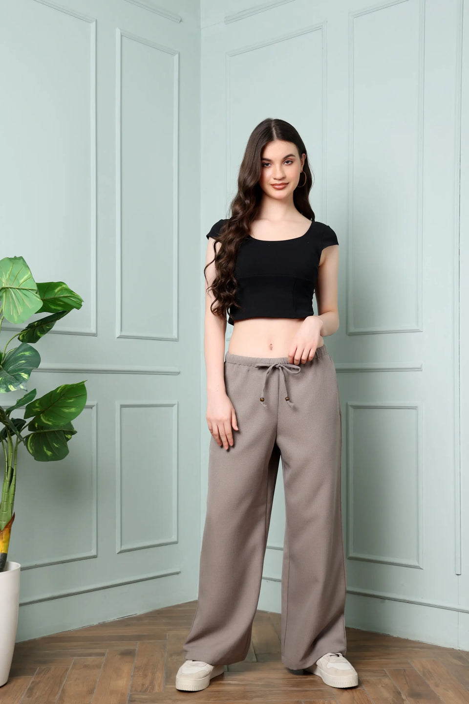 RABRIC taupe linen wide leg trousers for women in standing pose showing full length relaxed fit
